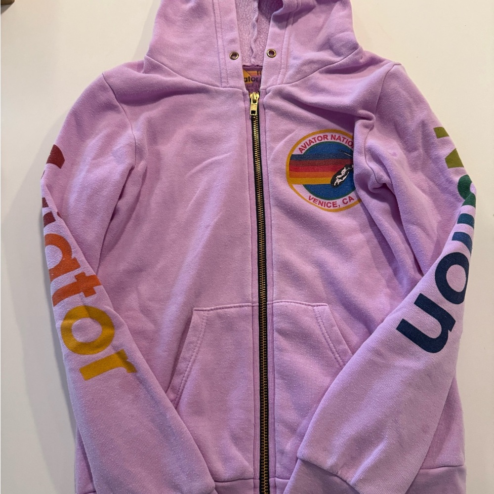 Aviator Nation Kids Lavender Zip Hoodie with Rainbow Logo and Sleeve Lettering